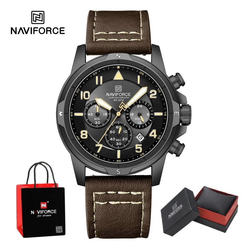 NAVIFORCE Bussiness Men Quartz Chronograph Watch 3ATM Waterproof Date Display Leather Strap Fashion Wristwatch Package Gifts