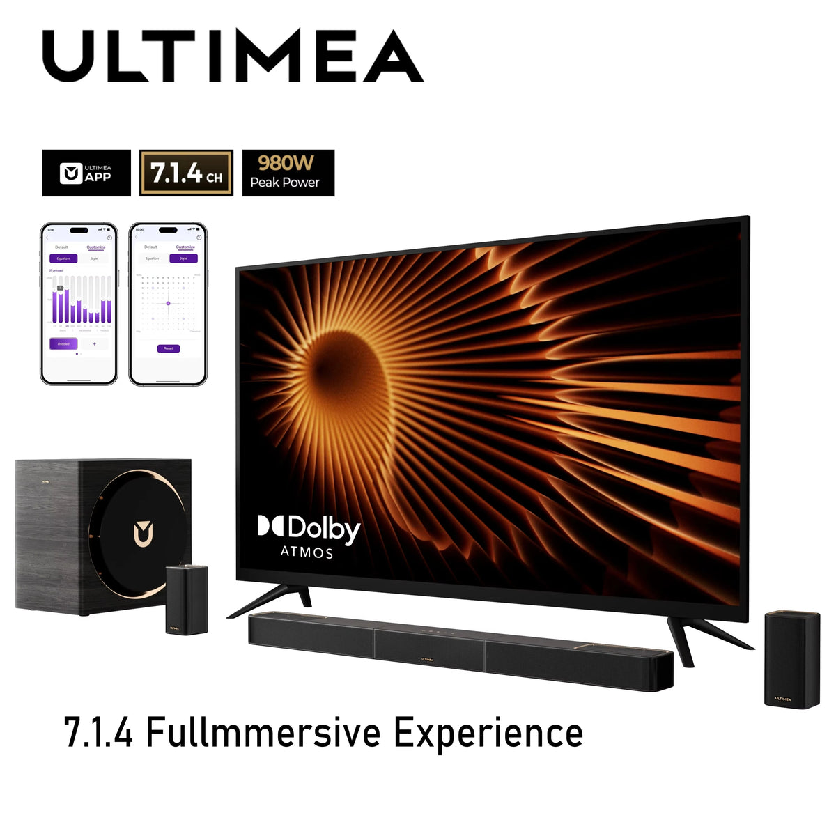 Sistema de sonido 7.1.4ch con barra, subwoofer y altavoces inalámbricos, TV incluida