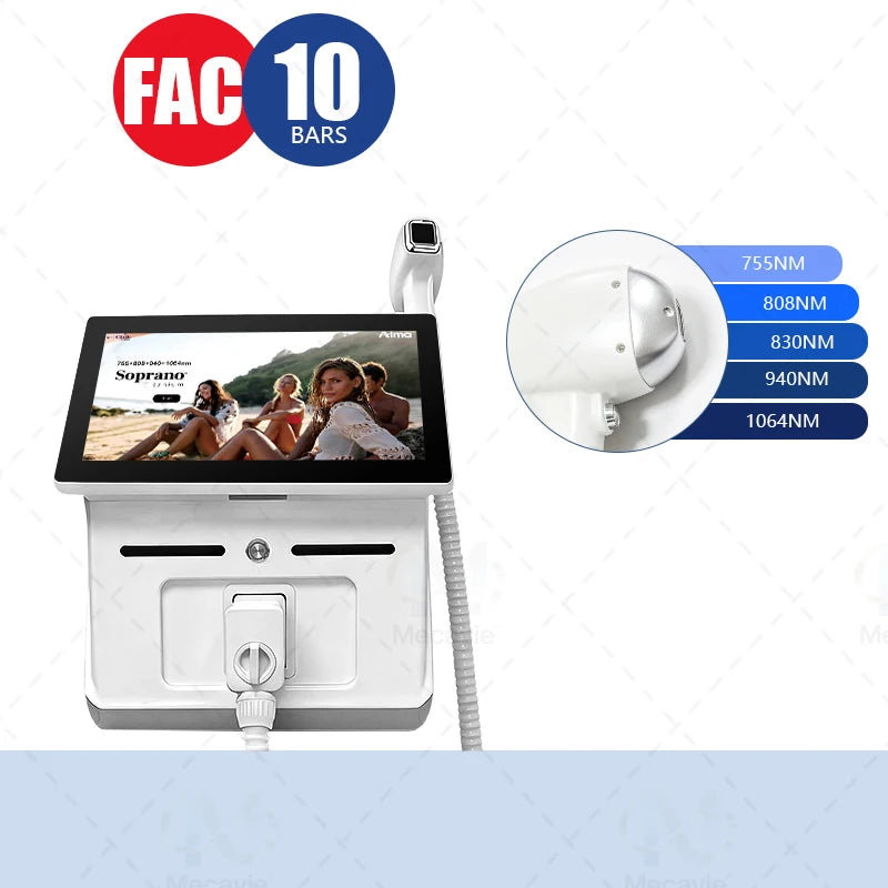 Máquina de depilación láser de diodo Mecavie 6 longitudes de onda 6000W 10 barras tecnología FAC refrigeración TEC puntas intercambiables pantalla táctil múltiples idiomas monitoreo en tiempo real certificada CE RoHS U