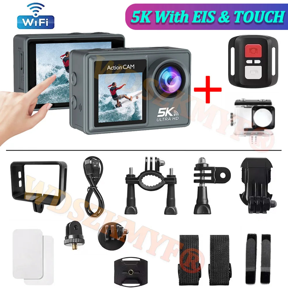 Cámara de Acción 5K 4K con EIS Antivibración, Pantalla Dual Táctil de 2.0 + 1.3 Pulgadas, Resistente al Agua 30M, para Casco, Esquí, Buceo, Deportes de Motor