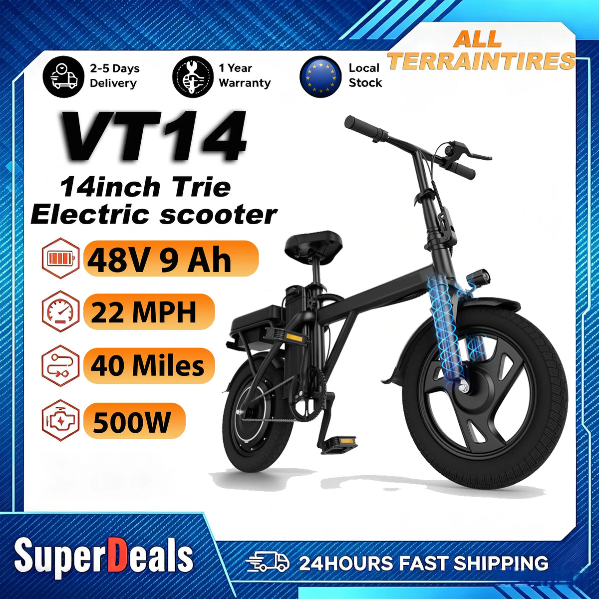 Bicicleta eléctrica plegable con motor de 500W, batería de litio de 48V 9Ah, ruedas todoterreno de 14", velocidad máxima de 35 km/h, autonomía de 64 km, suspensión, ideal para desplazamientos diarios, envío rápido en 3-7 días y garantía de 365 días.