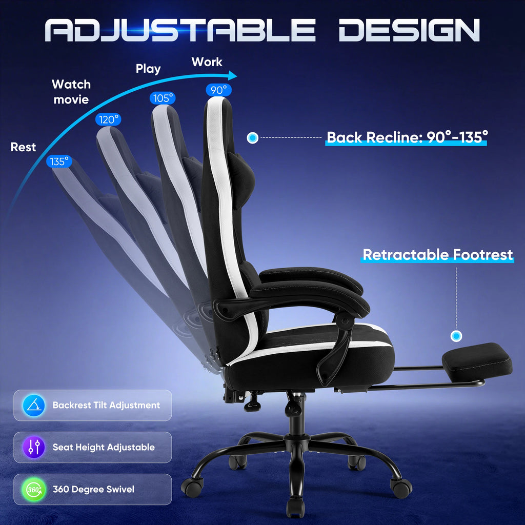 Silla de oficina ergonómica negra con respaldo reclinable y reposapiés retráctil