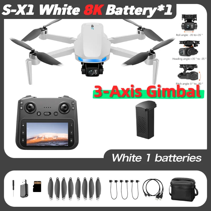 Dron blanco con hélices y cámara en gimbal de 3 ejes, batería y accesorios