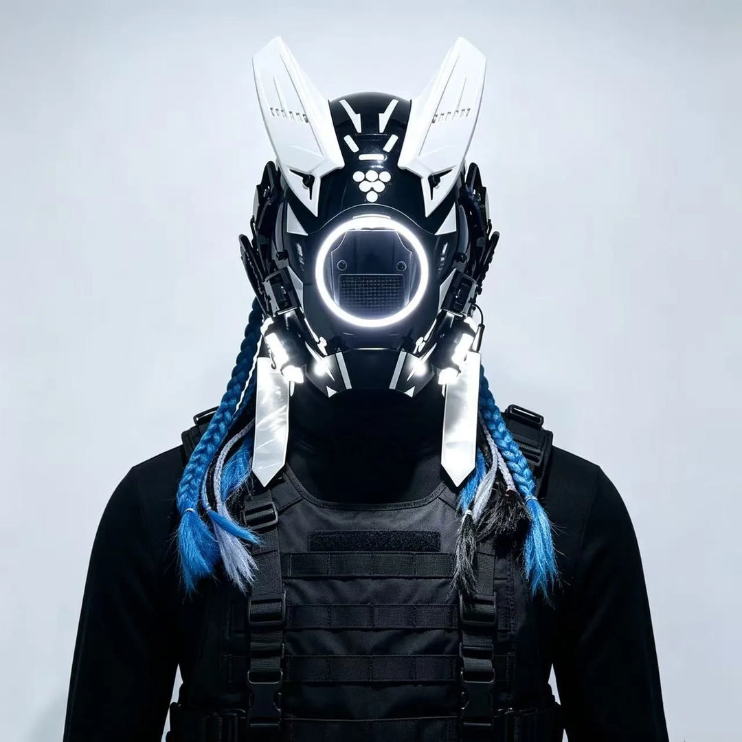 Cyberpunk máscara futurista Techwear, decoración de casco de Cosplay de Halloween con trenza ligera y sucia, Caballero de estilo guerrero japonés Sty