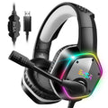 Auriculares gaming color gris/negro con luces RGB, diadema acolchada y micrófono