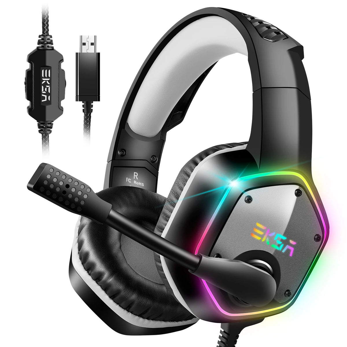 Auriculares gaming color gris/negro con luces RGB, diadema acolchada y micrófono