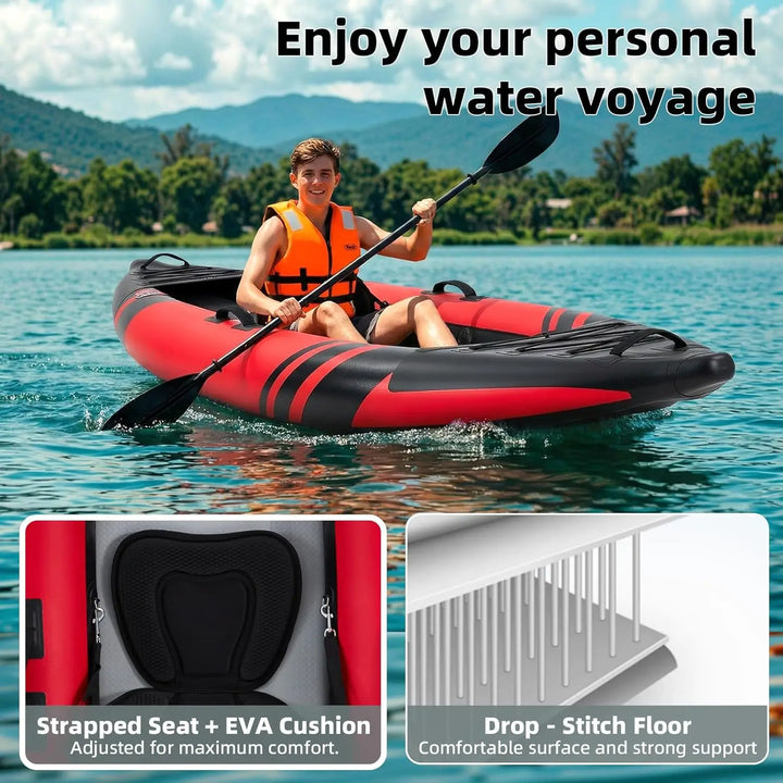 Kayak Inflable Compacto Individual con Suelo de Tecnología Drop Stitch, Asiento Ergonómico, Bote Ligero para Navegación Personal