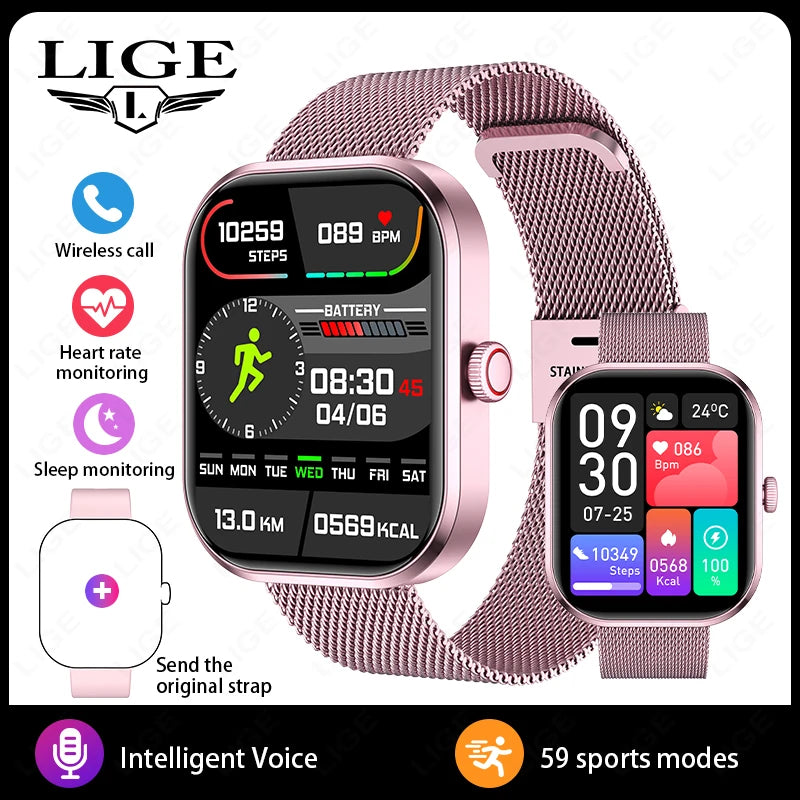 Reloj inteligente de moda LIGE para mujer, con llamada Bluetooth, monitor de salud femenina, frecuencia cardíaca, presión arterial, reloj inteligente digital de fitness para hombre
