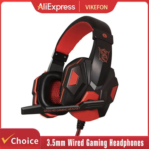 Auriculares gaming con cable 3.5 mm, diadema roja/negra y micrófono abatible