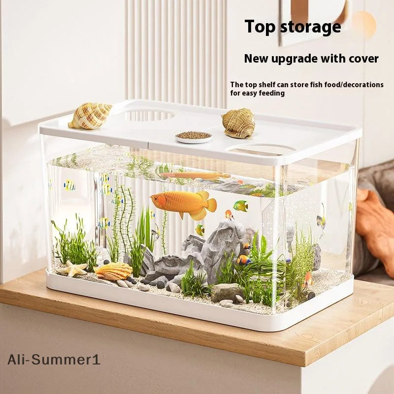 【E】Mini pecera de PET transparente, acuario hidropónico resistente a caídas con tapa, tanque ecológico de escritorio para el hogar, acuario fácil de mantener para tortugas