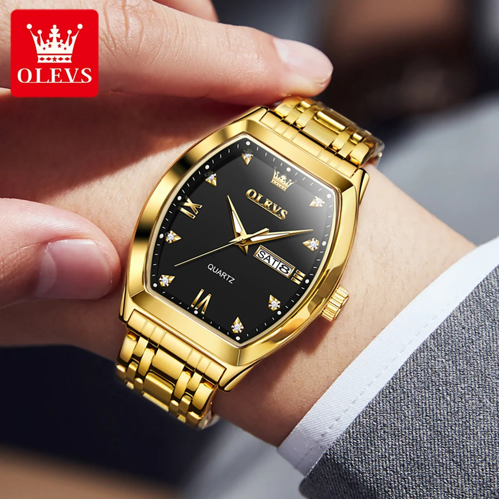 Reloj OLEVS para hombre, de lujo, tipo tonel, original, marca de alta gama, de cuarzo, resistente al agua, luminoso, con día y fecha, reloj de pulsera para caballero