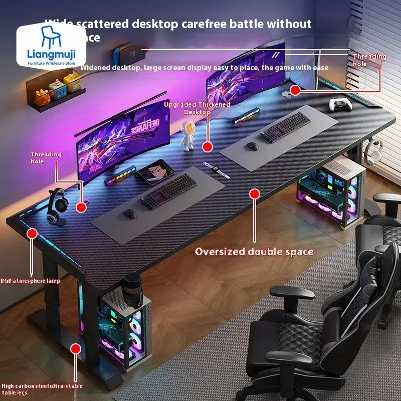 Escritorio gaming ajustable con tablero oscuro texturizado y luces RGB en los laterales