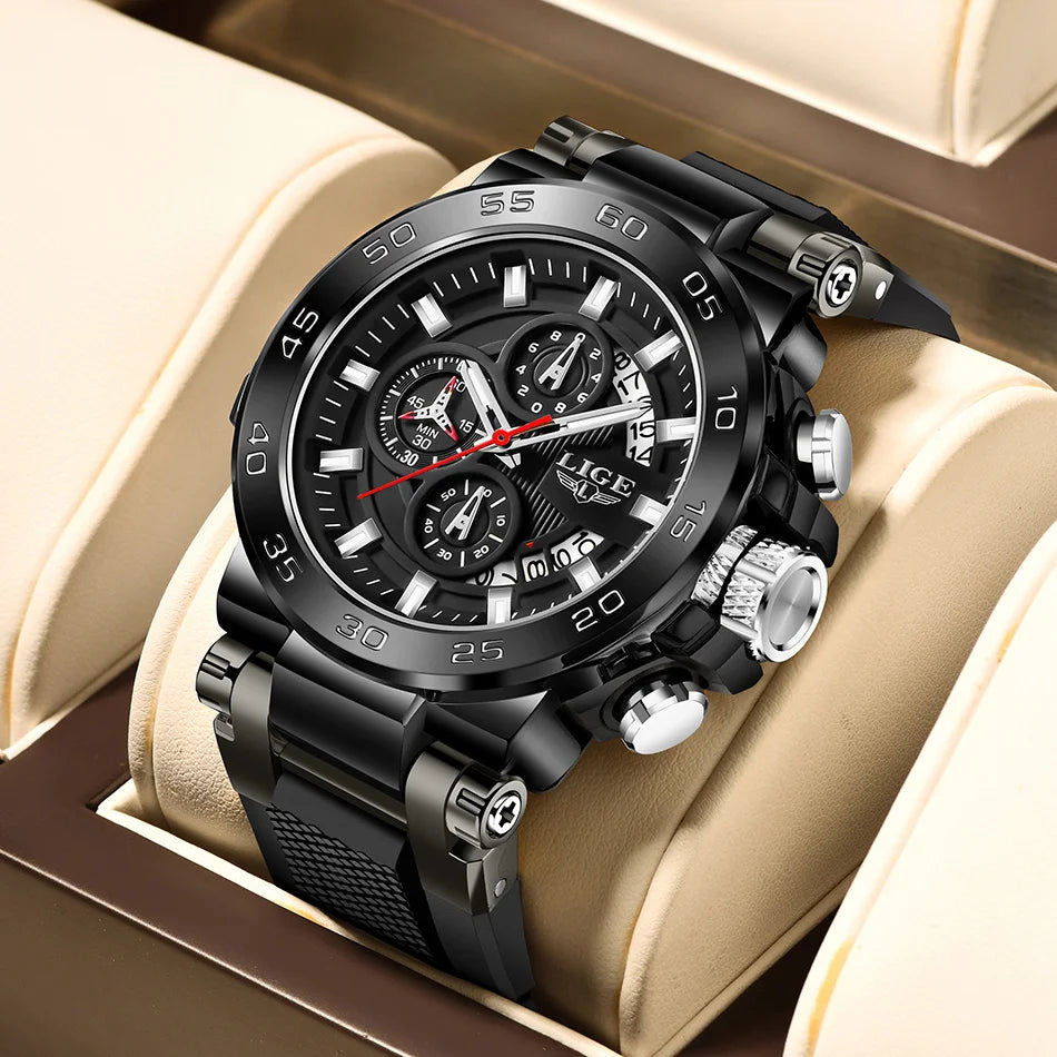 Reloj de lujo LIGE 2026 para hombre, reloj militar de cuarzo con correa de silicona, cronógrafo impermeable con calendario de marca superior