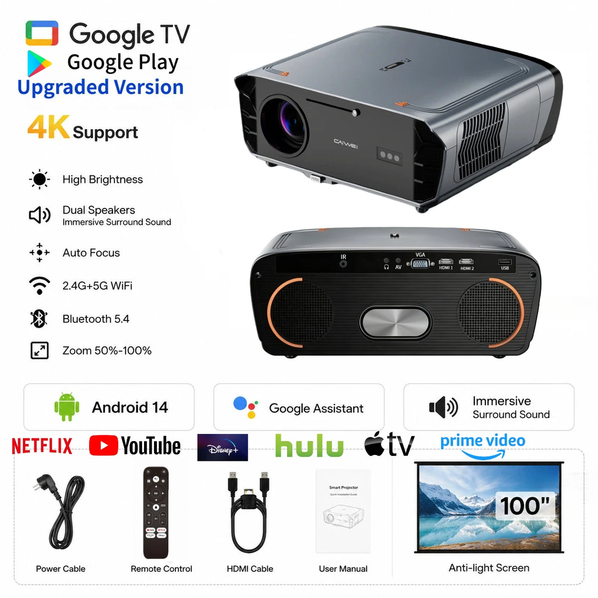 Proyector de Video 4K HDR UHD 4200 ANSI, Android 14, Google TV, Proyector de Películas para Día, WiFi6, Enfoque Automático TOF, Altavoz Doble, Cine en Casa