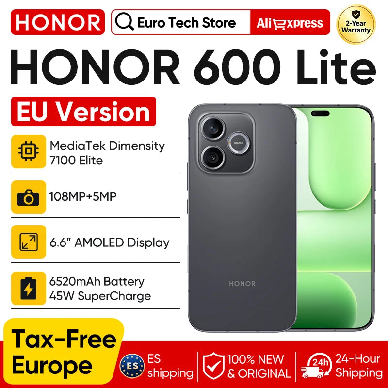 Smartphone HONOR 600 Lite 5G 6,6" Versión UE MediaTek Dimensity 7100 Elite Pantalla AMOLED 120Hz 108MP 6520mAh SuperCharge 45W