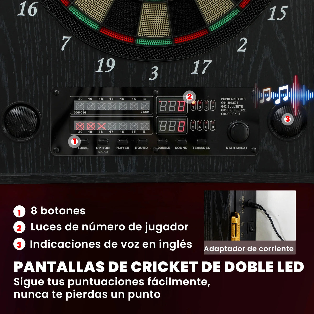 Sportnow Electronic Dart Board with 6 Soft Tip Darts and 24 Replacement Tips 2 Led Screens Voice Announcements up to 8 Players Wall Dart Board with 25 Games 202 Variations Wooden Doors