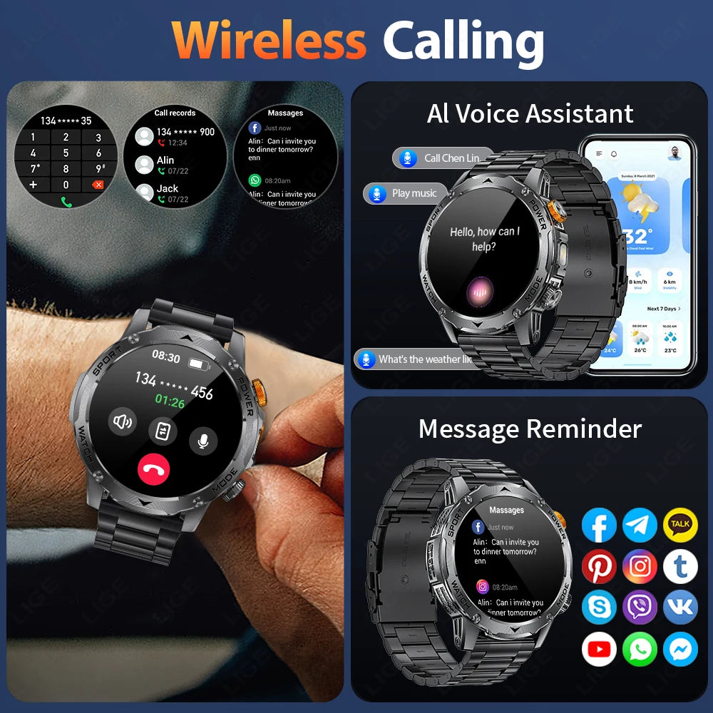 LIGE Nuevo reloj inteligente para hombre con batería de gran capacidad de 1000 mAh, linterna exterior, llamadas Bluetooth, resistente al agua, reloj inteligente deportivo de fitness