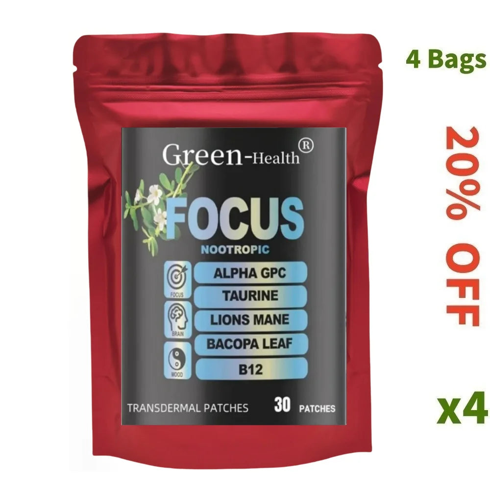 Parches transdermicos cerebrales nootrópicos - Lions Mane Vitamina C y B12 Taurina Bacopa - Soporte de función cognitiva 30 parches 6 en 1
