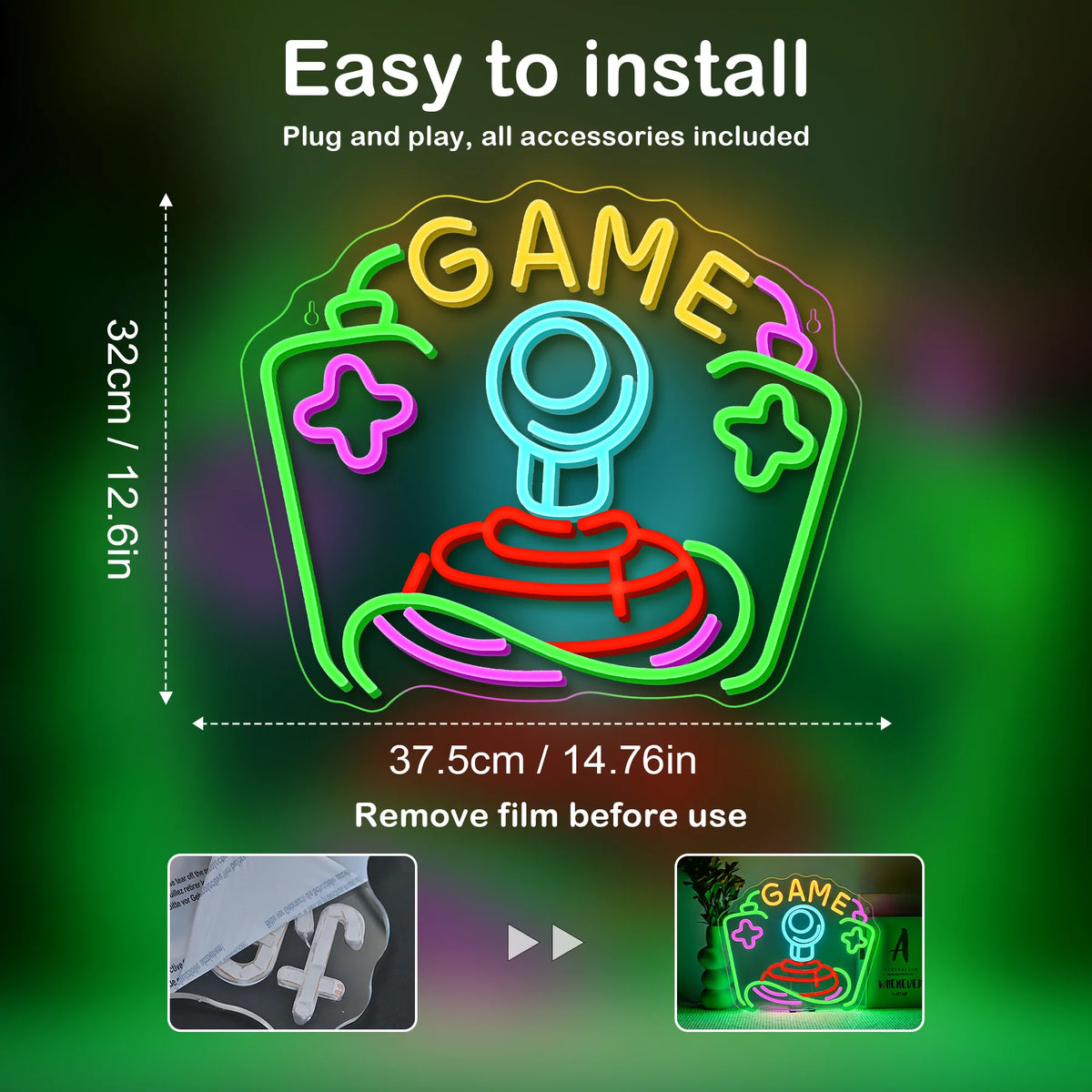Letrero LED neón “GAME” con medidas y aviso de retirar la película antes de usar.