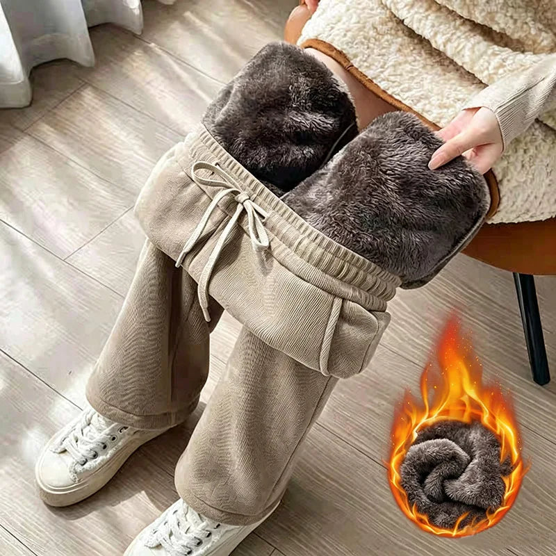 Pantalones térmicos de felpa para niñas, de cintura alta, ideales para el invierno, pantalones de terciopelo cálidos para la nieve, pantalones de mujer, de diseño moderno, cómodos y de corte recto.