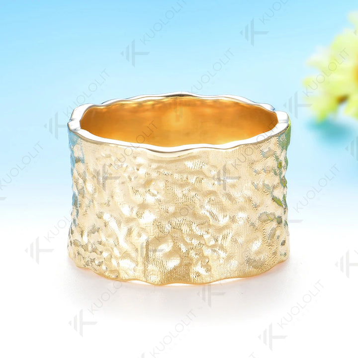 Anillo Personalizado Kuololit de 15 mm de Ancho, Martillado, para Hombre y Mujer, Oro Amarillo Sólido de 10K, Hecho a Mano, para Aniversario, Regalos de Navidad, Fiestas