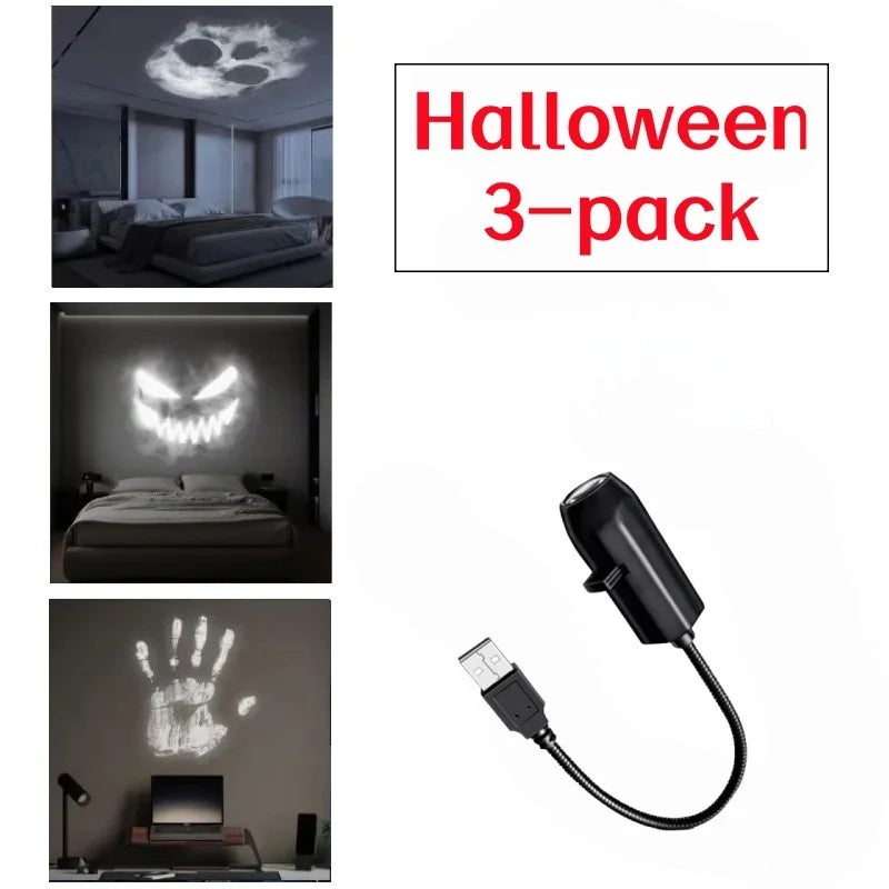 Lámpara de proyección LED USB para Halloween, 3/6 piezas, luz con patrones de fantasma y esqueleto, luz nocturna, luz de ambiente navideño, decoración festiva