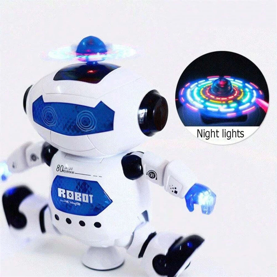 Robot bailarín blanco con luces nocturnas circulares y manos iluminadas, vista lateral
