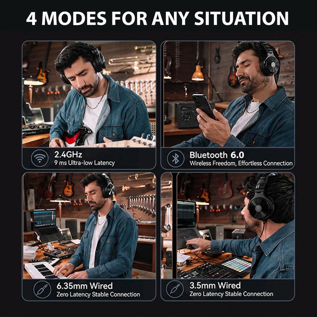 Oneodio auriculares DJ inalámbricos negros en músico, estilo estudio con teléfono