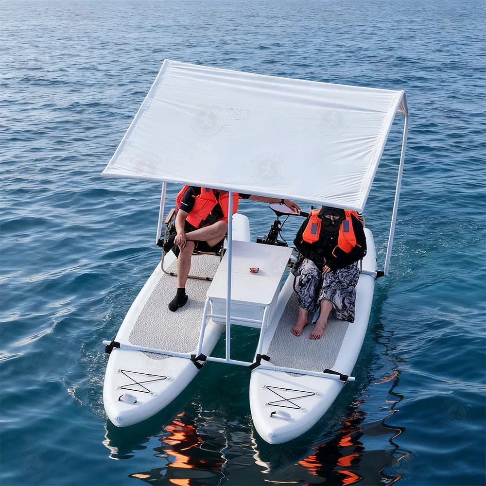 Bote Inflable Personalizable Canopy Cat - Catamarán con Remos y Toldo, Motor Eléctrico Listo para Aventuras Acuáticas