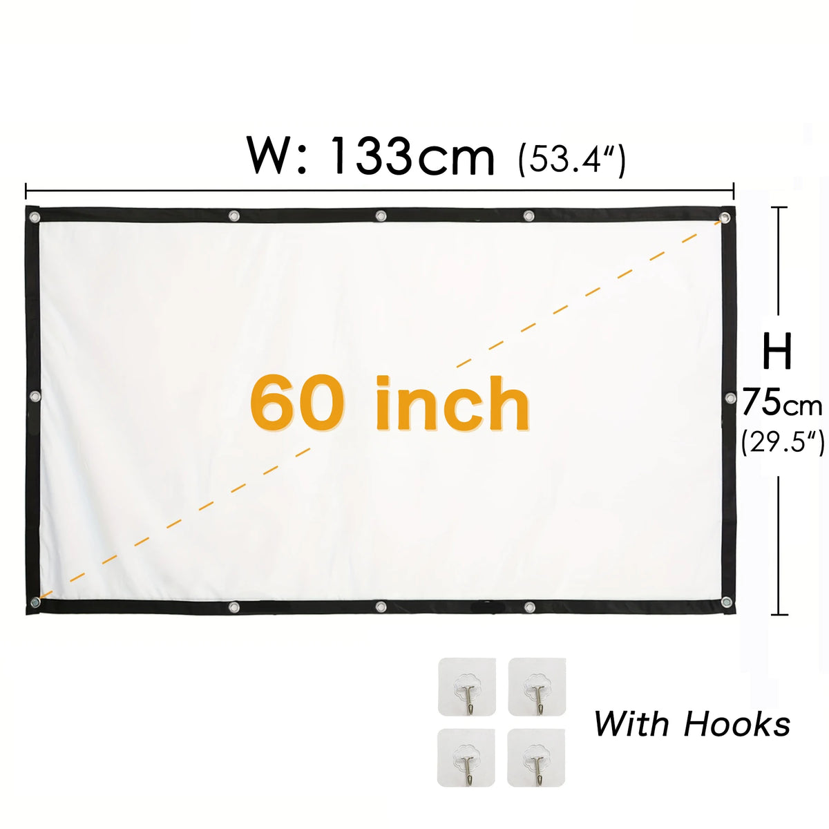 Pantalla de proyector 60 pulgadas 16:9 con ganchos, 133×75 cm