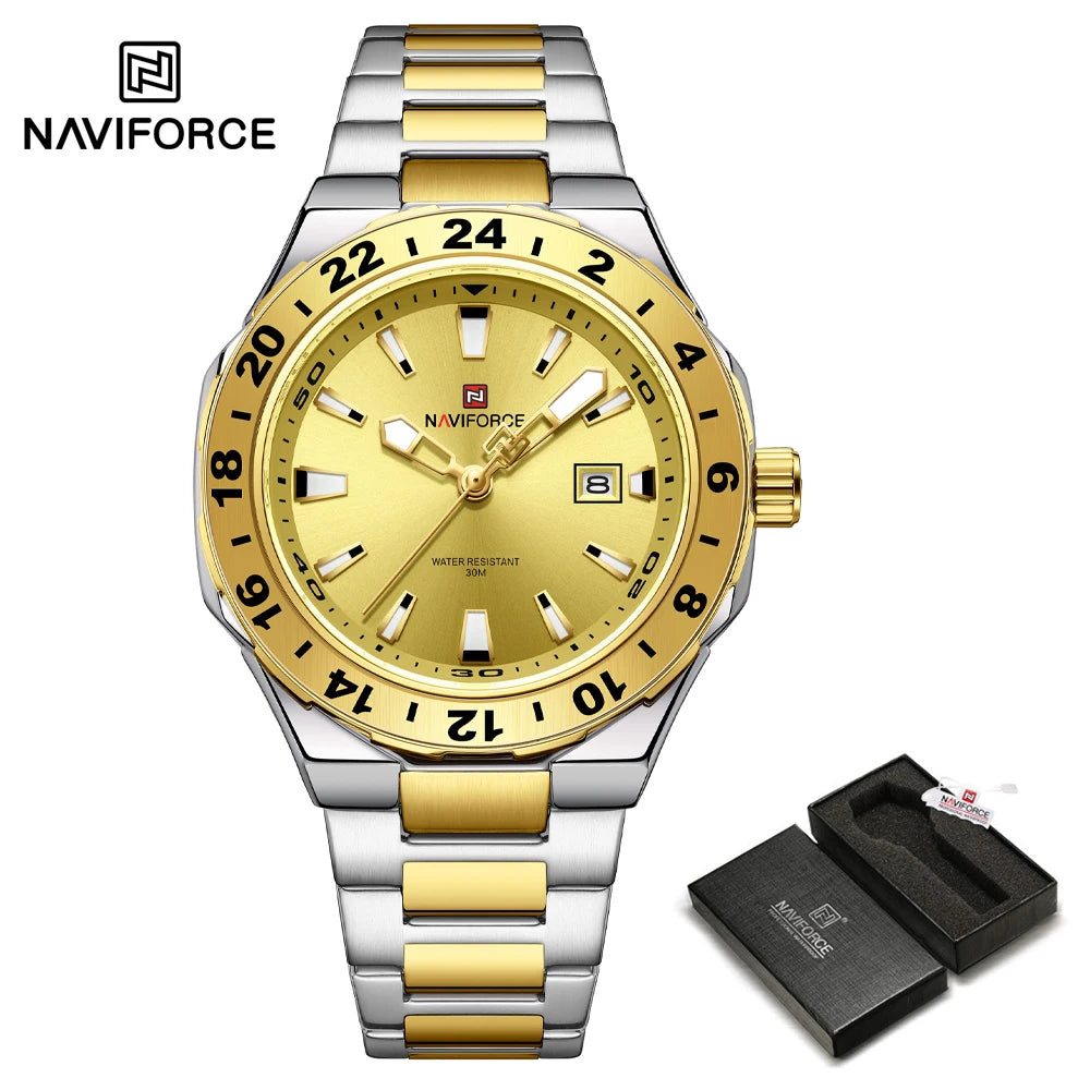 NAVIFORCE 2025 Nuevo Reloj para Hombre Estilo Negocios Clásico Reloj de Pulsera de Cuarzo de Lujo Azul y Dorado Acero Inoxidable Masculino