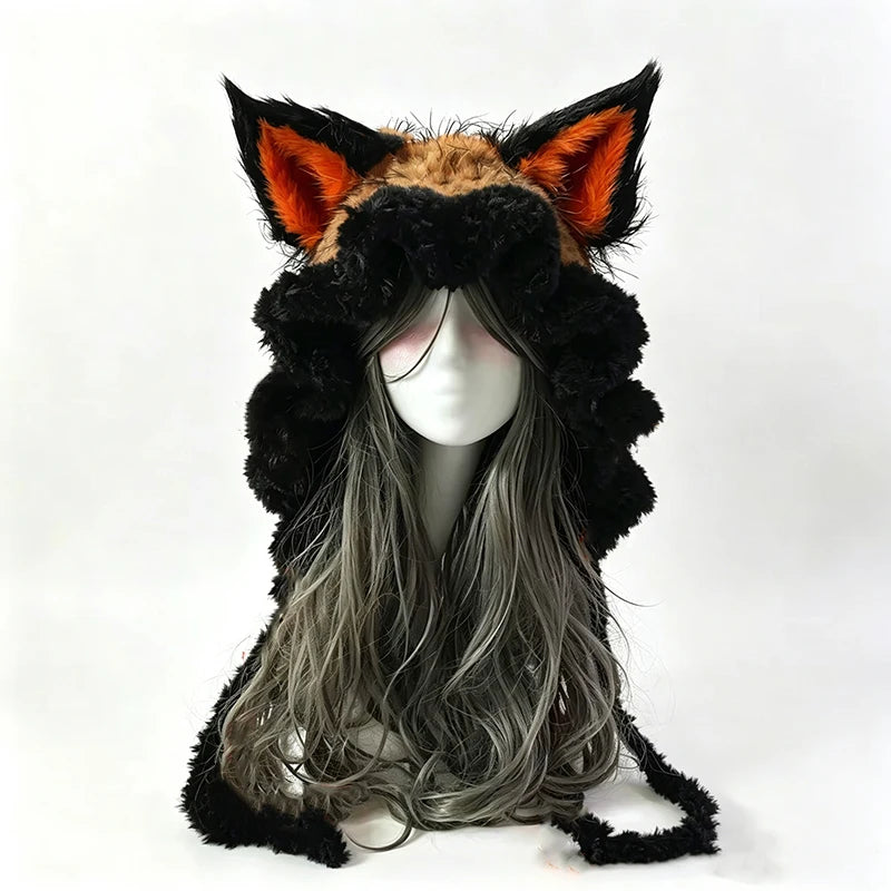 Gorro de Orejas de Zorro Rojo y Negro Tejido a Mano Personalizado para Mujer, Gorro de Punto Suave con Lazos Largos, Estilo Gótico Unisex, Accesorio Cálido de Invierno de Hada Oscura