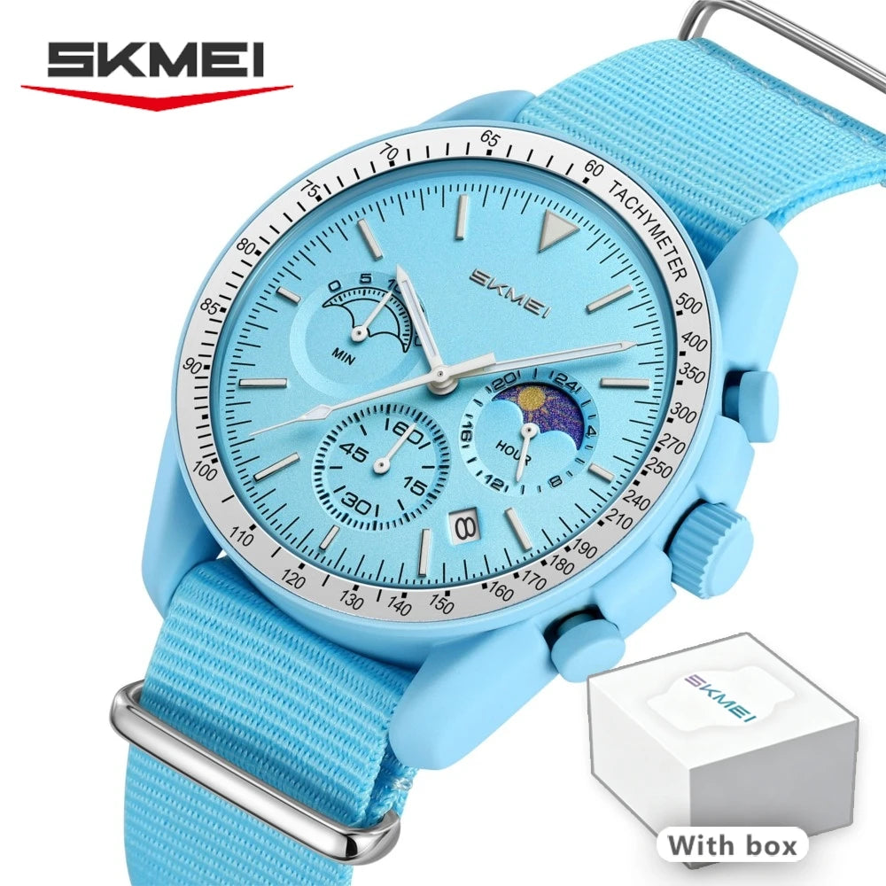 SKMEI Unisex Round Quartz Watch Nylon Strap Moon Phase Chronograph Tachymeter Date Lightweight Wristwatch for Men Women 9392