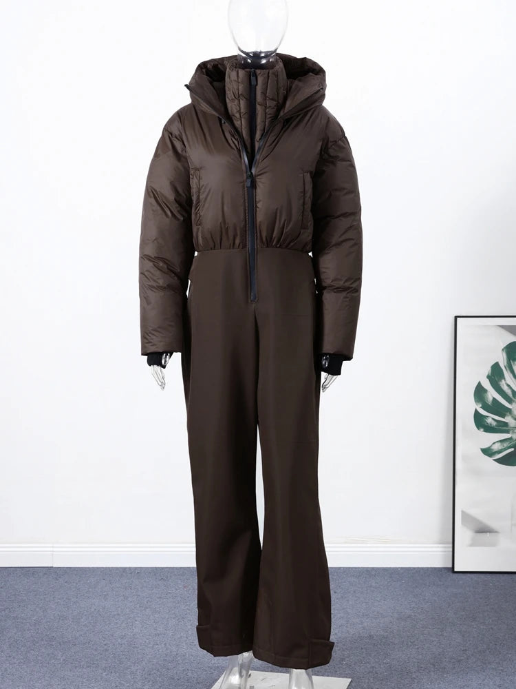 Mono de esquí con capucha para mujer, cuello alto, cierre de cremallera, manga larga, cintura alta, de algodón, cálido para invierno 2026.