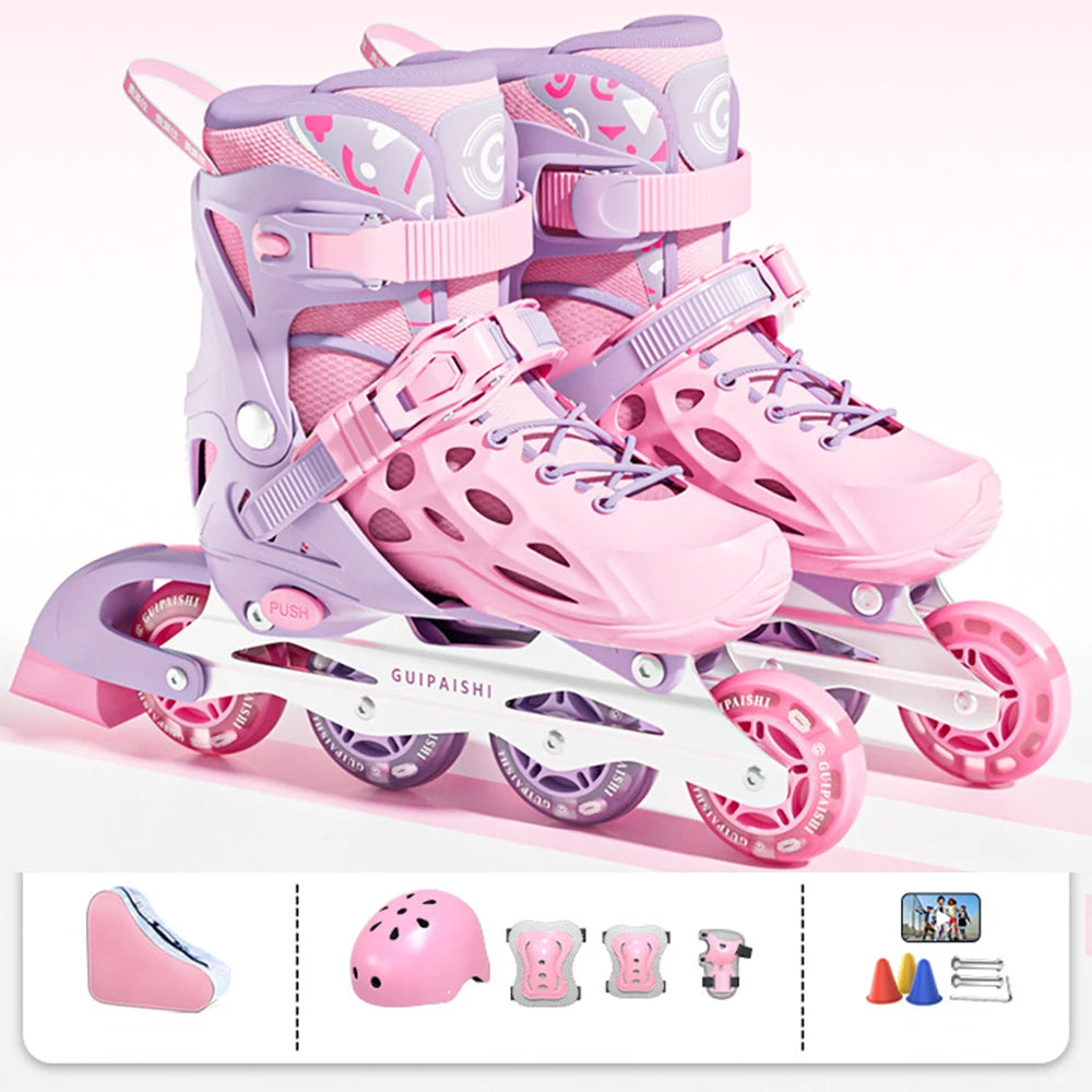 Patines en línea con casco, coderas y rodilleras, juego de bolsa para zapatos, zapatillas Flash de 4 ruedas para niños y niñas, zapatos de Skate ajustables
