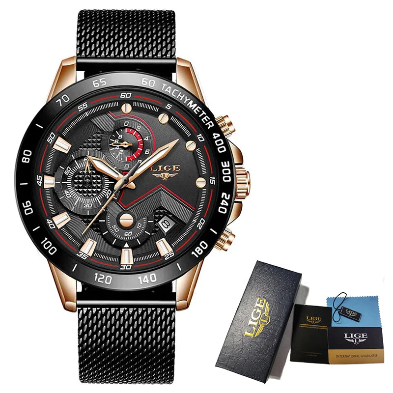 Reloj de cuarzo LIGE de marca superior de lujo para hombre, reloj de moda de negocios con correa de malla, resistente al agua, luminoso, cronógrafo