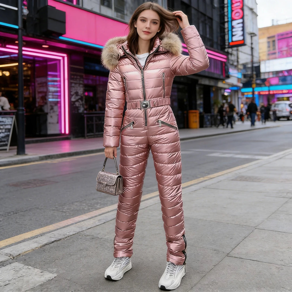 Traje de esquí de una pieza para mujer, grueso, de invierno, para nieve, con capucha, cálido, de algodón, ajustado, brillante, para deportes al aire libre