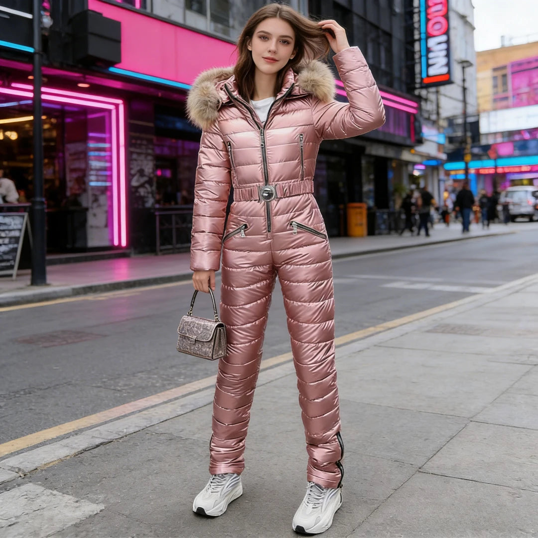 Traje de esquí de una pieza para mujer, grueso, de invierno, para nieve, con capucha, cálido, de algodón, ajustado, brillante, para deportes al aire libre