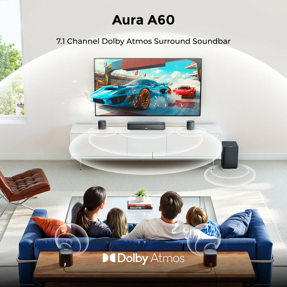 Barra de sonido negra Aura A60 con altavoces cilíndricos en consola bajo TV