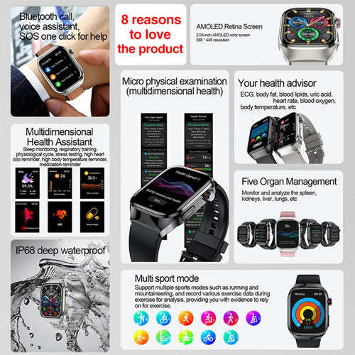 Reloj inteligente para hombre 2026, nuevo modelo con medición de ácido úrico y lípidos en sangre, ECG+PPG, presión arterial, frecuencia cardíaca, llamadas Bluetooth, reloj inteligente de salud