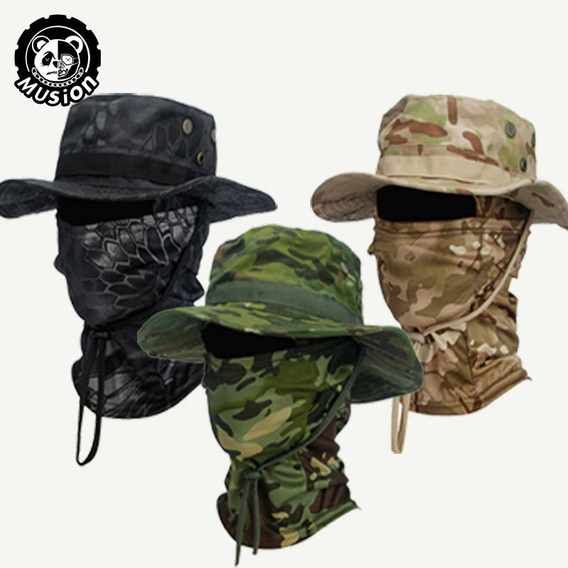 Conjunto de gorro de pescador con ala ancha y pasamontañas de camuflaje Musion para hombre, gorra tipo boonie para exteriores, sombrero de protección solar para pesca