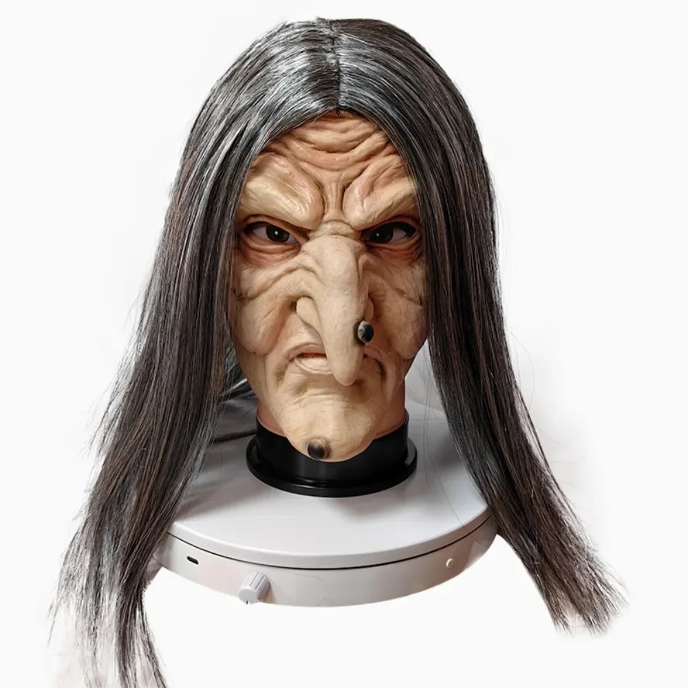 Cubierta de cabeza de bruja de látex para Halloween, banda elástica de pelo largo, suave de abuela máscara facial, tocado de Cosplay General para damas mayores, Casa Encantada