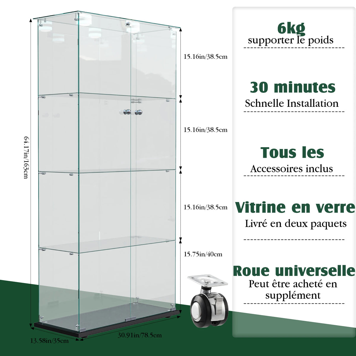 Vitrina en blanco, vitrina de cristal de 4 niveles con luz LED, cerradura y cristal templado, para salón, dormitorio