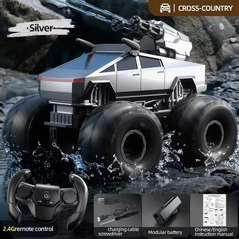 Coche RC anfibio todoterreno plateado con detalles azules y salpicaduras en el agua