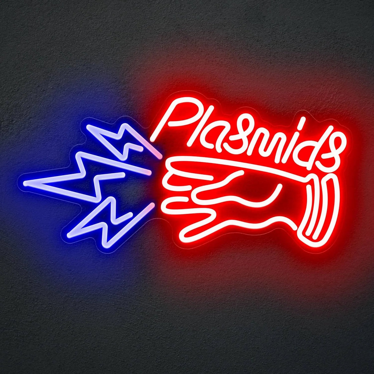 Letrero LED neón "Plasmids" con contorno rojo, azul y blanco, sobre pared