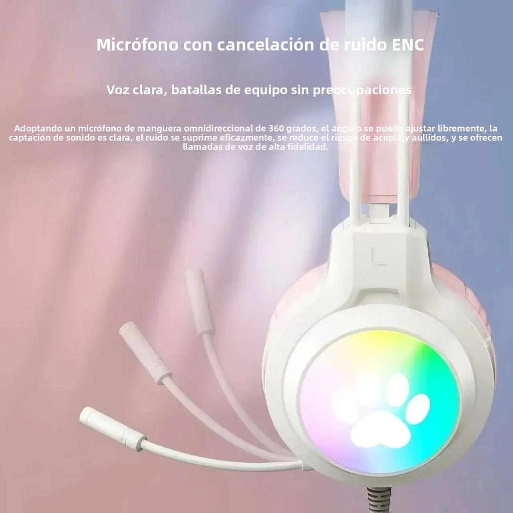 Auriculares para juegos SOYTO Pink Cat Ear, auriculares con cable con luz LED RGB, micrófono con cancelación de ruido, sonido estéreo para PC, portátil, gamer, chicas