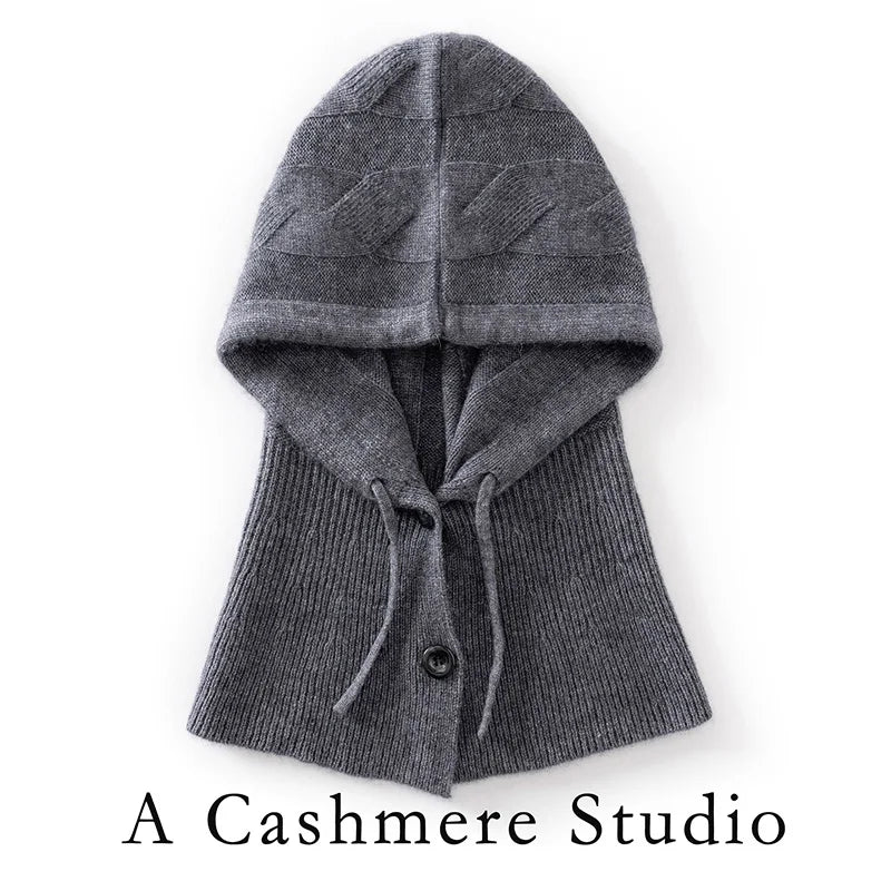Gorro 100% de cachemira con capucha integrada de punto trenzado grande y cuello calentador, gorro tipo pasamontañas con botones para mujer, gorro cálido tipo pullover.