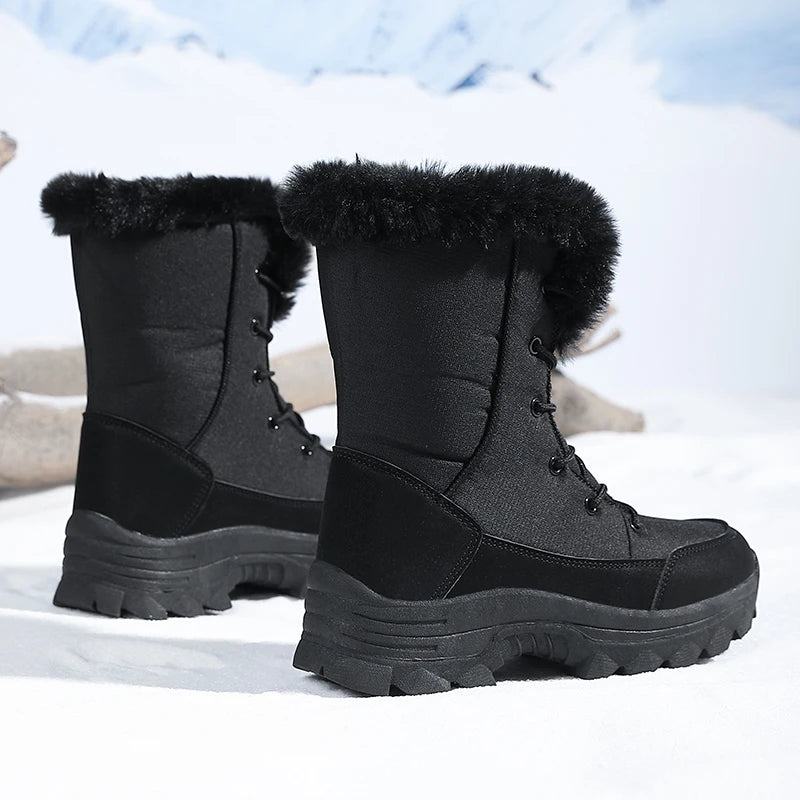 Botas de nieve para mujer, impermeables, antideslizantes, cálidas, de estilo nororiental, con forro de algodón, botas de esquí, con forro polar, de tejido grueso, resistentes al desgaste, botas de algodón de caña alta.