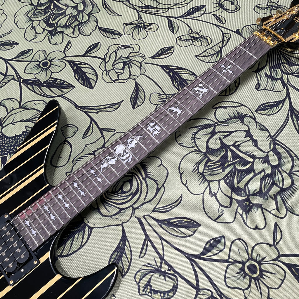 Guitarra eléctrica de 6 cuerdas con rayas negras y doradas, guitarra eléctrica con sistema de doble bloqueo y diapasón de palisandro, guitarra eléctrica para músico de rock