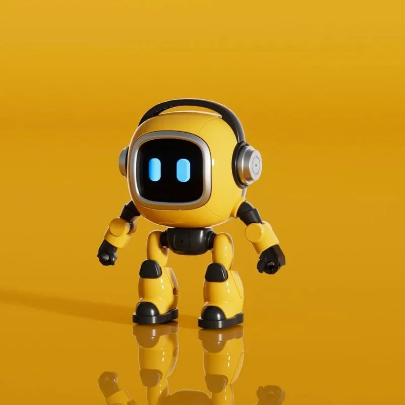 Robot amarillo de pie con pantalla azul y auriculares, brazos cortos y patas negras